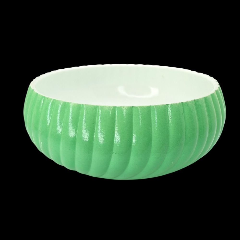 Vintage Vitrock Hocking Dish Bowl Milk Glass White Green Ribbed Swirled Glows